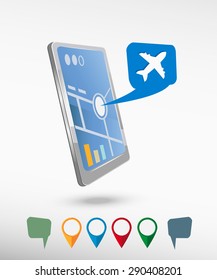 Airplane icon  and perspective smart phone vector realistic. Set of bright map pointers for printing, website, presentation element and application mock up.