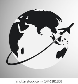 Airplane icon. The plane flies around the Earth. Flying airplane icon. Vector illustration.