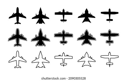 Airplane icon. Plane silhouette. Outline aircraft for travel, transport, cargo and military. Symbol for airplain. Simple white and black graphic aeroplane. Shapes of jet flight. Art for air. Vector.