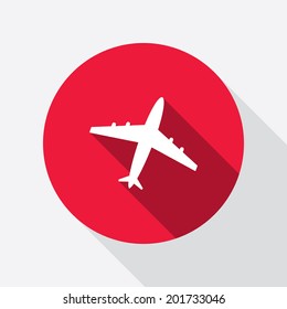 Airplane icon. Plane travel symbol. Flight trip sign. Round red circle flat icon with long shadow. Vector
