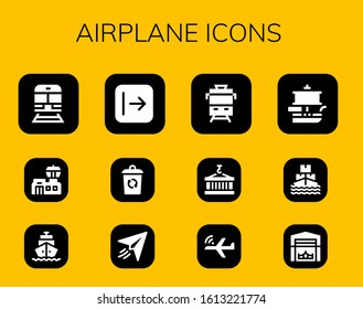 airplane icon set. 12 filled airplane icons. Included Train, Airport, Shipping, Send, Container, Paper plane, Aeroplane, Ship, Hangar icons