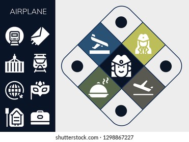  airplane icon set. 13 filled airplane icons. Simple modern icons about  - Stewardess, Boat, Carrier, Travel, Eye mask, Container, Subway, Railway, Send, Arrival, Salver, Plane