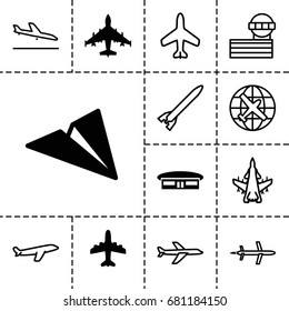 Airplane icon. set of 13 filled and outline airplane icons such as airport, plane, paper plane, plane landing, airport tower
