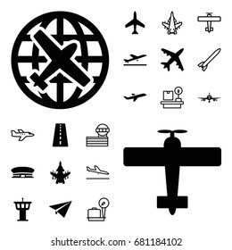 Airplane icon. set of 20 airplane filled and outline icons such as plane, runway, plane taking off, airport tower, airport, lugagge weight