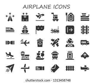 airplane icon set. 30 filled airplane icons.  Collection Of - Plane, Shipping, Take off, Carrier, Boat, Train, Eye mask, Ship, Send, Railway, Seat belt, Aeroplane, Container, Stewardess
