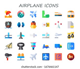 airplane icon set. 30 flat airplane icons.  Simple modern icons such as: vacation, travel, plane, seat, train, ship, seatbelt, boarding pass, export, airport, departure, missile