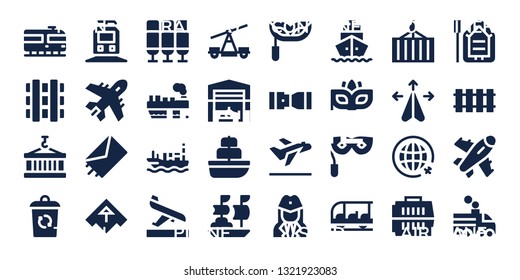 airplane icon set. 32 filled airplane icons. on blue background style Simple modern icons about  - Train, Railway, Container, Plane, Send, Airplane, Seat, Cargo, Ship, Arrival