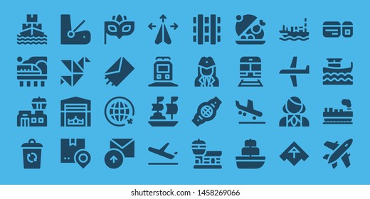 airplane icon set. 32 filled airplane icons. on blue background style Collection Of - Ship, Train, Airport, Container, Seat, Origami, Hangar, Shipping, Eye mask, Send, Travel