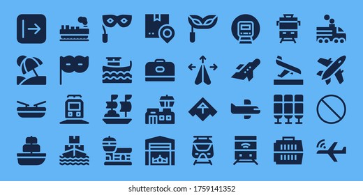 airplane icon set. 32 filled airplane icons. on blue background style Simple modern icons such as: Send, Vacation, Boat, Ship, Cargo, Eye mask, Train, Airport, Shipping, Carrier