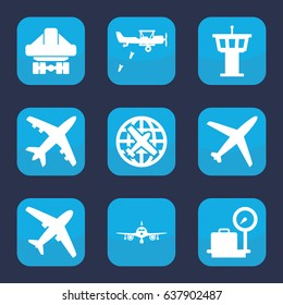Airplane icon. set of 9 filled airplane icons such as plane, lugagge weight, airport tower, cargo plane back view