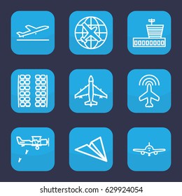 Airplane icon. set of 9 outline airplane icons such as plane, plane taking off