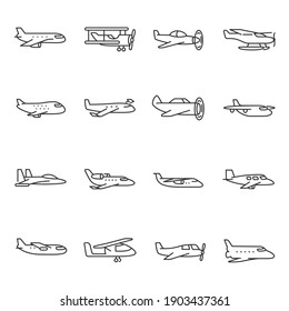 Airplane icon set. Aircraft different types, flight, passenger plane, aviation. Line with editable stroke