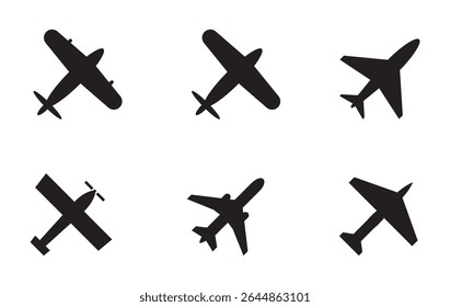 Conjunto de ícones do avião. Sinal de vetor da aeronave. Símbolo de partida de chegada ao aeroporto