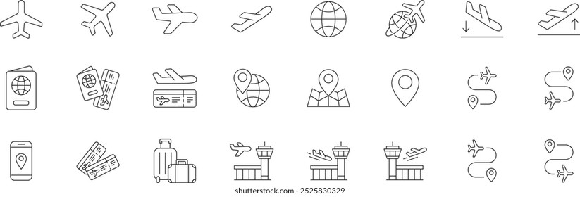Conjunto de ícones do avião. Ícone do aeroporto. Ícone de voo definido. Avião vetor voo destino destino local símbolo pin avião voo desembarque partida avião passaporte embarque decolar mapa viagem
