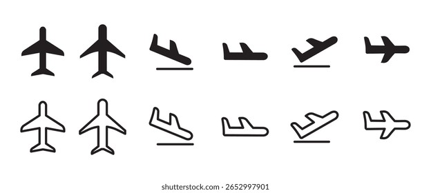 Airplane Icon Set in schwarzem Griff oder dünnen Linien Symbol für Reisen, Luftfahrt, Flughafennavigation, Flugbuchung und Transportation Design Projekte.