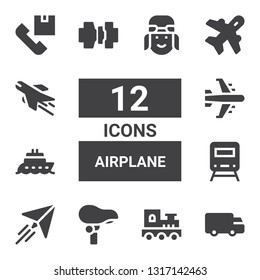 airplane icon set. Collection of 12 filled airplane icons included Shipping, Train, Seat, Paper plane, Boat, Airplane, Seatbelt, Aviation, Pilot