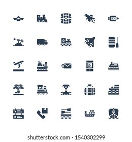 airplane icon set. Collection of 25 filled airplane icons included Ship, Boat, Shipping, Departures, Transport, Island, Train, Boarding pass, Send, Airplane, Belt, Vehicle
