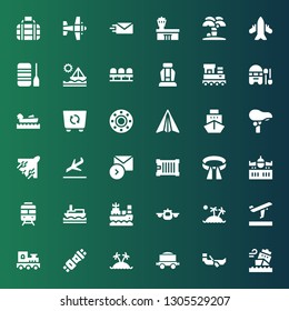 airplane icon set. Collection of 36 filled airplane icons included Ship, Boat, Freight, Island, Seat belt, Train, Departures, Airplane, Belt, Container, Sending, Landing, Seat