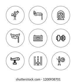 Airplane icon set. collection of 9 outline airplane icons with cargo, eye mask, metro, origami, plane, seatbelt, runway icons. editable icons.