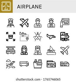 Airplane Icon Set. Collection Of Airport, Pilot, Airplane, Flight Attendant, Train, Travel, Sending, Fly, Small Plane, Bus, Hostess, Ship, Plane, Shipping Icons