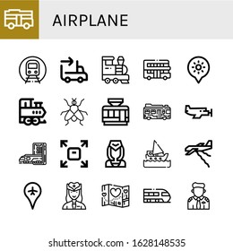 airplane icon set. Collection of Bus, Subway, Sending, Train, Touristic, Holidays, Fly, Tramway, Small plane, Flight attendant, Ship, Plane, Airport, Hostess, Travel, Pilot icons