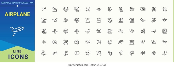 Airplane icon set. Contains related to air, landing, aviation, airline and more. Modern thin line style icons. Plane line icon set. Pixel perfect. Vector collections.
