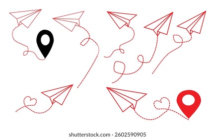 Airplane icon set. Airplane destination with route. Realistic paper planes collection. Paper Plane doodle Vector Illustration. paper airbus icon set in red, yellow color. paper plane icon set.