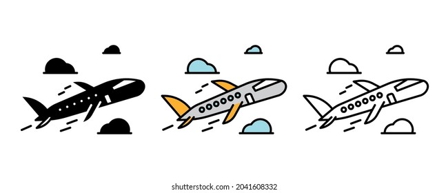 Airplane icon set. Set of drawings with airplane taking off among the clouds. Airplane related icon set. Silhouette, colorful and linear set.