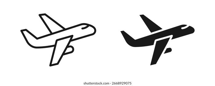 Airplane icon set with filled and outline styles for travel, aviation, and UI design