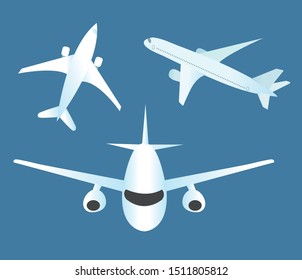 Airplane icon set flat cartoon style. Planes collection of objects on a blue background. Vector illustration