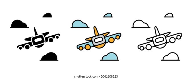Airplane icon set. Airplane front side sketch set among clouds. Airplane related icon set. Silhouette, colorful and linear set.