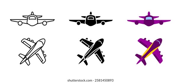 Airplane icon set. Front and top view aircraft signs. High-speed plane and commercial jet symbols. Sky travel and aviation pictograms. Passenger and private flight illustration.