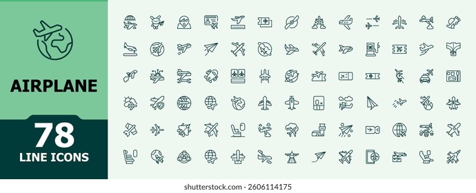 Airplane icon set. Includes symbols for aviation, transport, flight, landing, air and more. Thin linear style icons. Plane related icon. Minimalist pictogram and infographic.