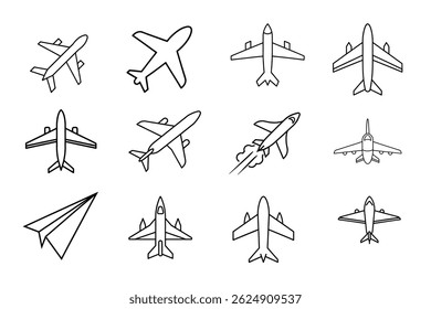 Airplane icon set Line art vector on white background
