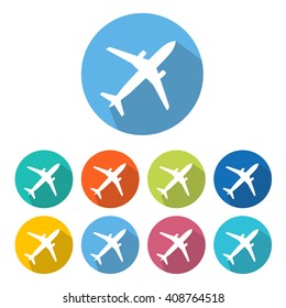 The airplane icon set with long shadow in colorful round shapes. Vector illustration