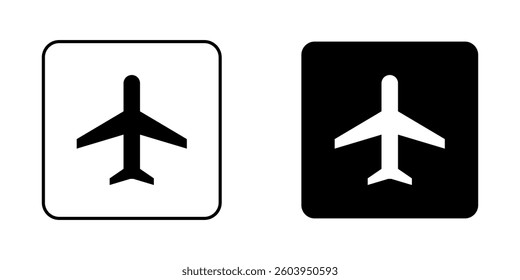 Airplane icon set, airplane mode sign. Plane icon black and white square in round shape. Flight transport symbol, travel flat aircraft icon isolated on a transparent background, vector illustration.