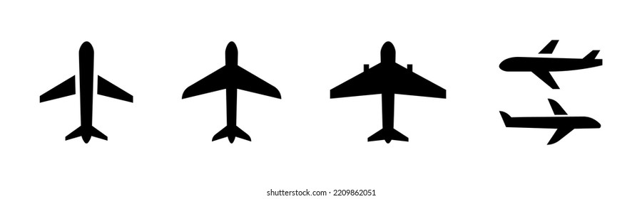 Airplane icon set. Plane icon. Different aircraft symbols. Travel sign. Vector illustration.