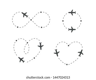 Airplane icon set. Plane silhouette and flight path dotted route. Path direction loop, shape of heart, circle, infinity symbol. Vector logo concept.