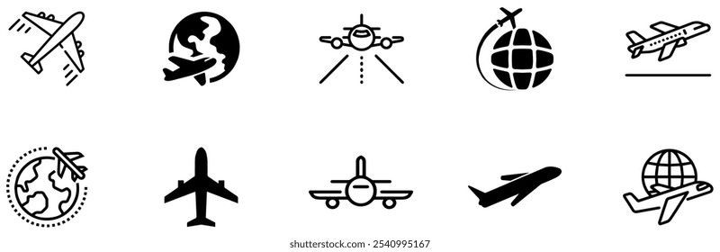 Airplane icon set. Plane symbol in black outline design. Plane icon collection. Airplane icon vector. Flight transport symbol. Travel concept. Vector Illustration. EPS 10