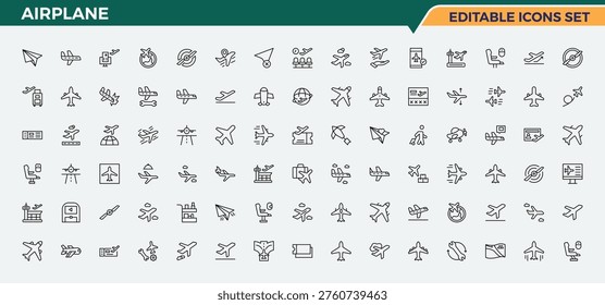 Airplane icon set. Plane vector icon set. Thin linear style icons. Featuring aviation, airline, flight, landing, air and more. Editable vector stroke.