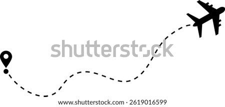 

Airplane icon set. route dash route with location pin.  Flight transport symbol. Travel illustration. Holiday symbol
