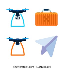 airplane icon set. vector set about paper plane, drone and drone case icons set.