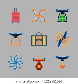 airplane icon set. vector set about suitcase, airscrew and drone icons set.