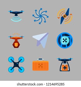airplane icon set. vector set about paper plane, drone case, airscrew and drone icons set.