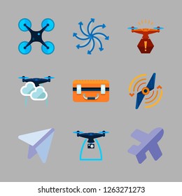 airplane icon set. vector set about flight, paper plane, airscrew and drone icons set.