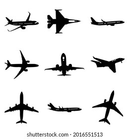 Airplane icon SET vector illustration isolated sign symbol - black and white style in transparent background.
