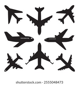 Airplane icon set vector illustration. Plane icon silhouette vector for web and mobile app. Flight transport black symbol. Airplane clipart isolated sign.