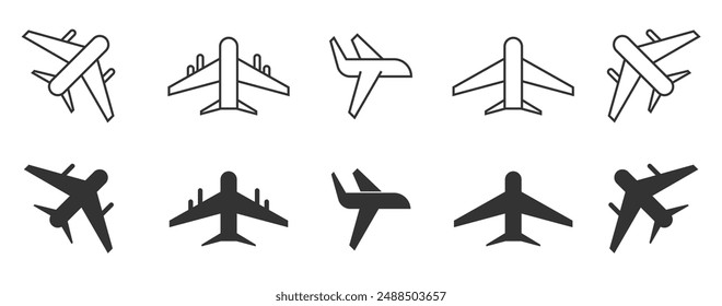 AirPlane icon sets. Travel sign, Flight transport symbol. Linear And filled Professional collection. Vector illustration concept.