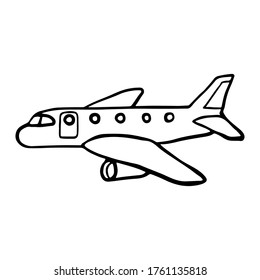 Airplane icon. Side view. Black contour silhouette. Hand drawn vector flat graphic illustration. Isolated object on a white background. Isolate.
