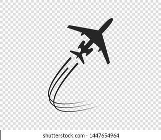 Airplane. Icon silhouette taking off. A twisting plane trail. Vector element isolated on a transparent background.